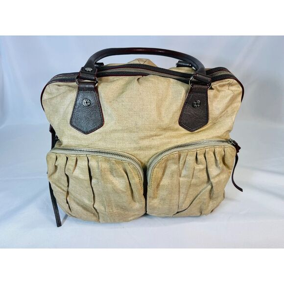 MZ Wallace Jane Glazed Linen Beige Satchel Leather Handles Pockets Large Capac - Picture 2 of 11